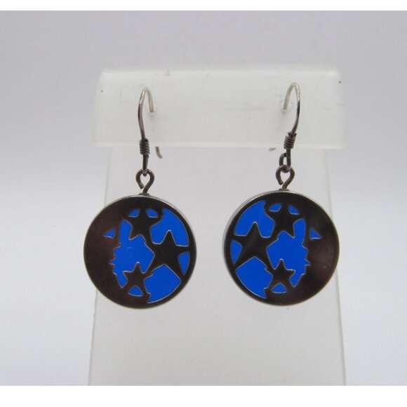 Sterling Silver Celestial Half Moon and Stars Blue Glass Pierced Earrings - Picture 2 of 12